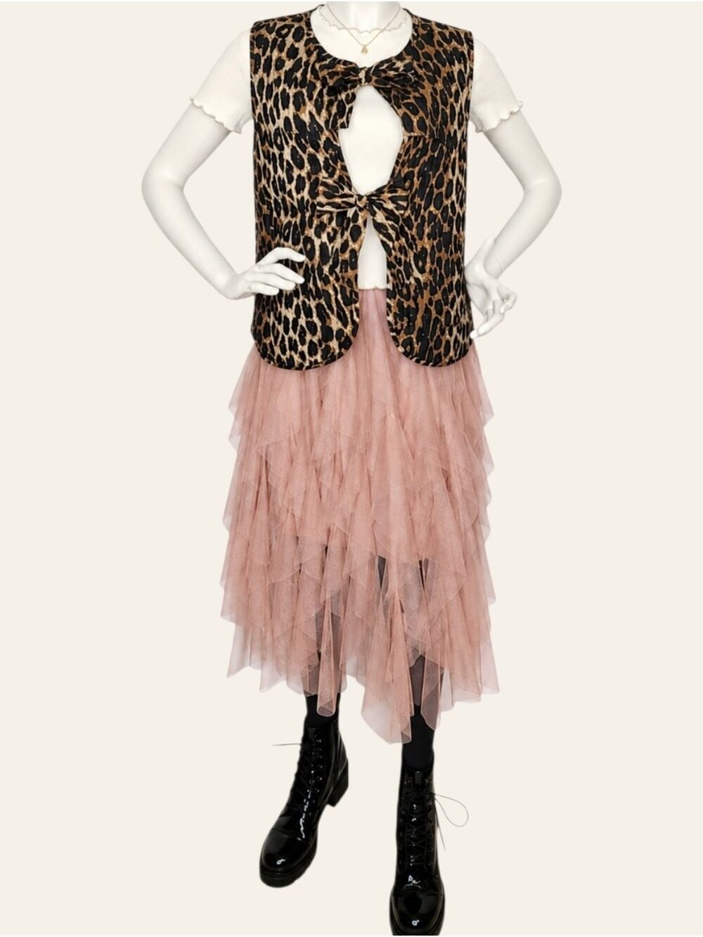 NWT Veveret Leopard Bow Tie Quilted Vest Coquette Indie Sleaze Medium